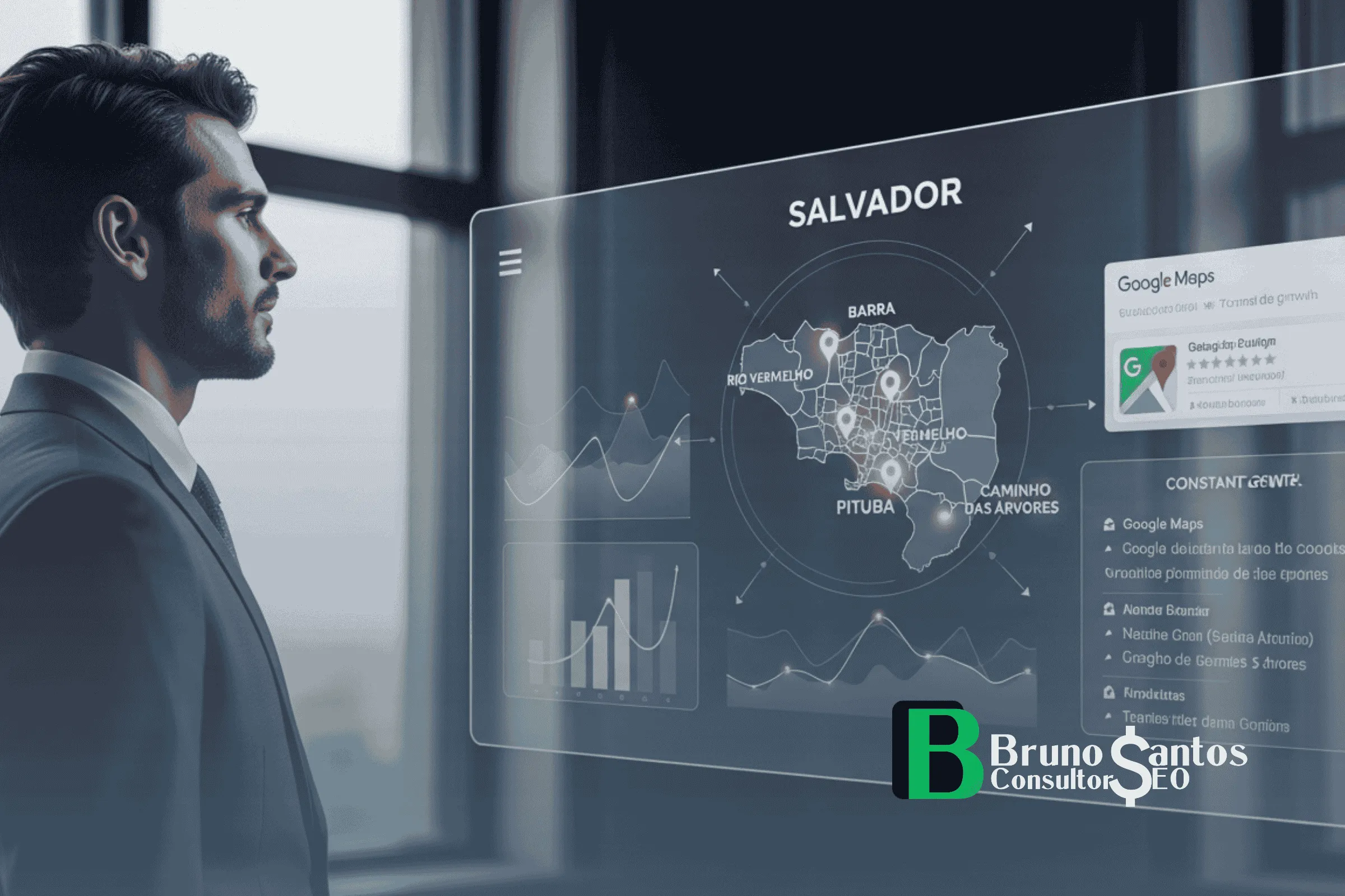 Como consolidar posicionamento e transformar visibilidade em crescimento contínuo Empresário confiante observando painel digital com crescimento constante, mapa de Salvador com vários bairros destacados, presença forte no Google Maps e avaliações positivas visíveis,