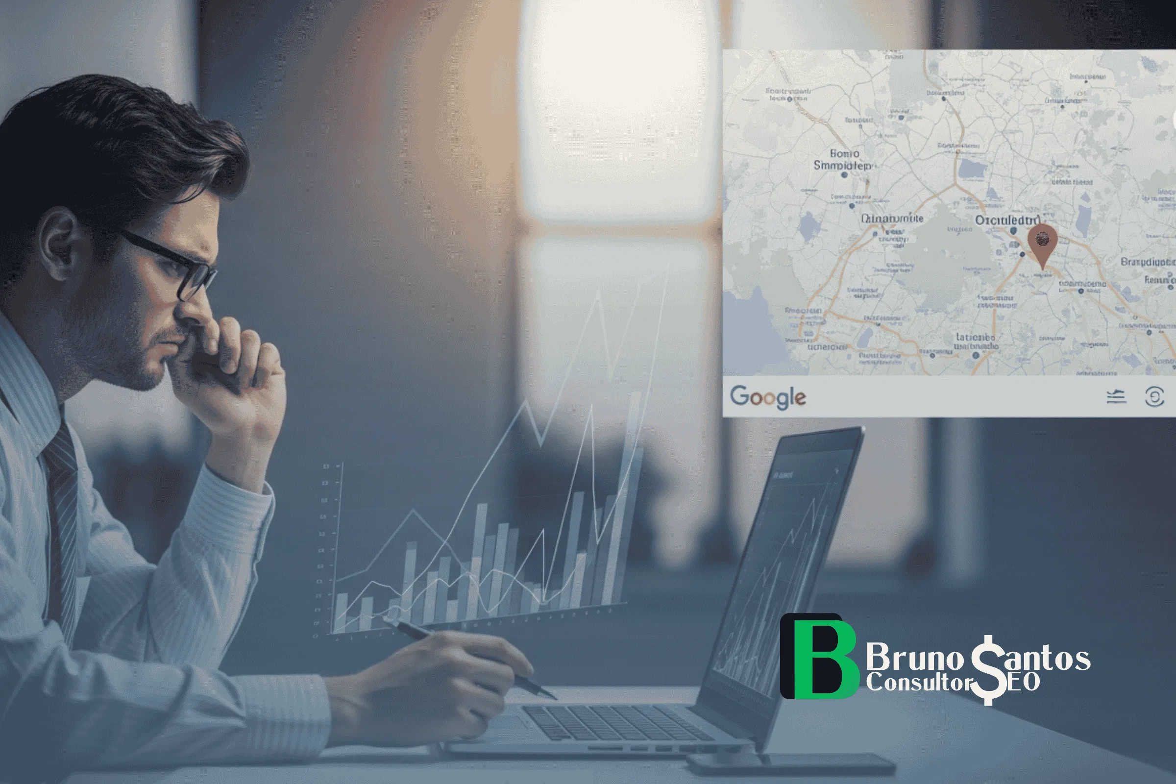 Quais erros estratégicos impedem crescimento mesmo com esforço Empresário frustrado olhando gráficos instáveis na tela enquanto ao fundo aparece um mapa digital com concorrente destacado no Google Maps, contraste entre esforço manual e visibilidade digital, ambiente de escritório executivo