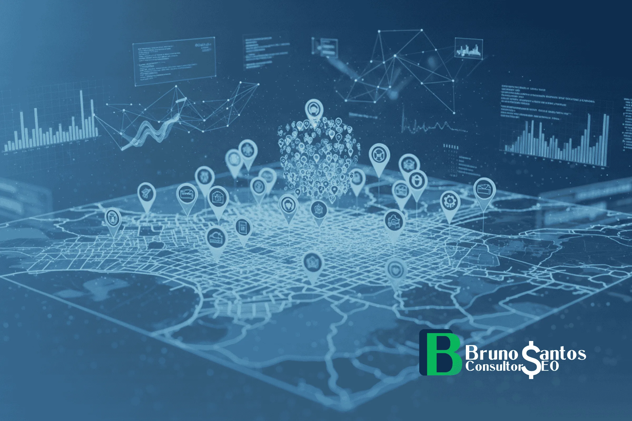 Como o Google organiza o mercado local antes do cliente decidir Representação visual de algoritmo organizando empresas em uma vitrine digital, mapa de Salvador com pinos de localização sendo classificados por um sistema inteligente