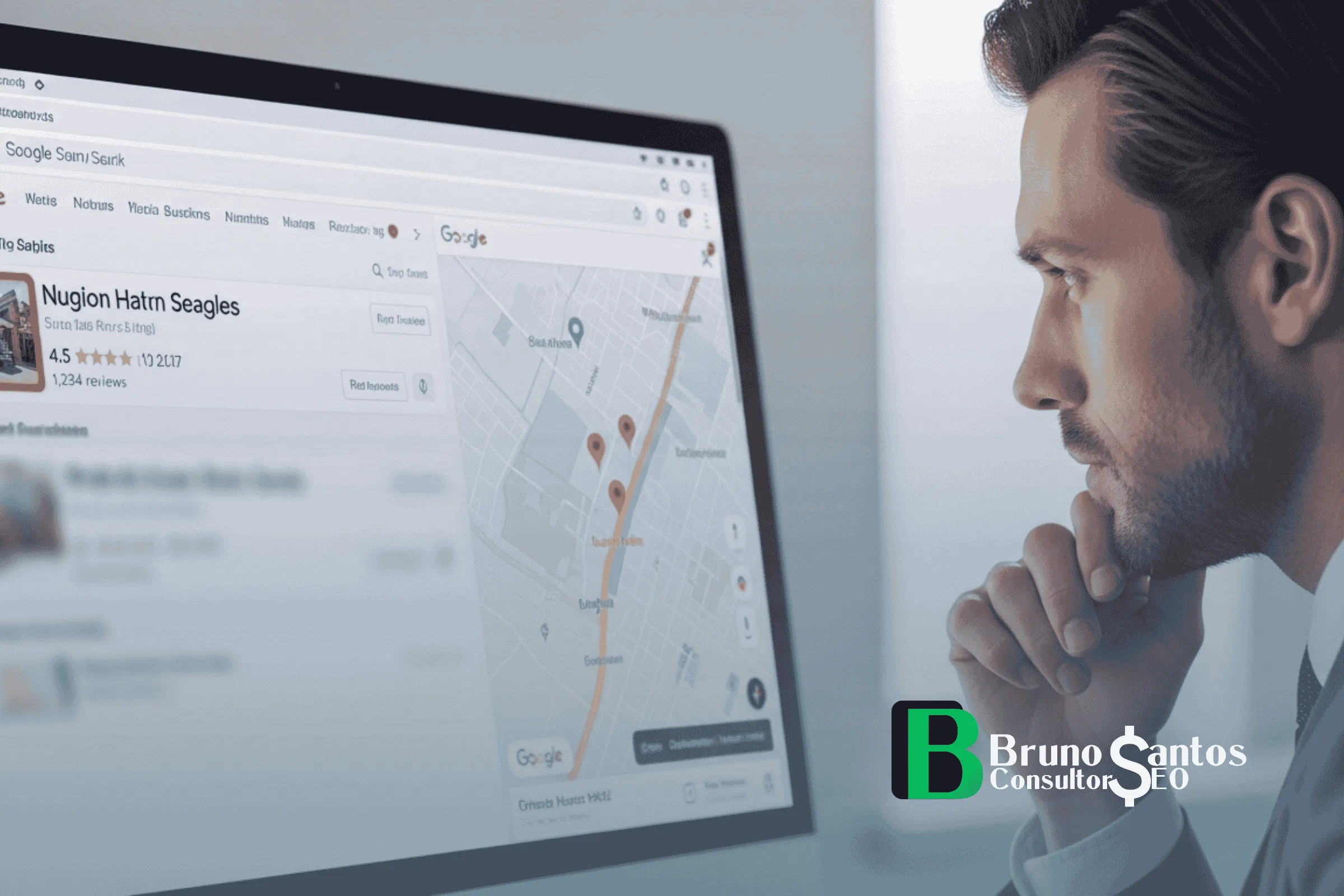 O que é posicionamento na prática e por que ele define crescimento Tela de computador exibindo resultados do Google Search e Google Maps lado a lado, uma empresa destacada no topo com avaliações visíveis e outra fora do foco