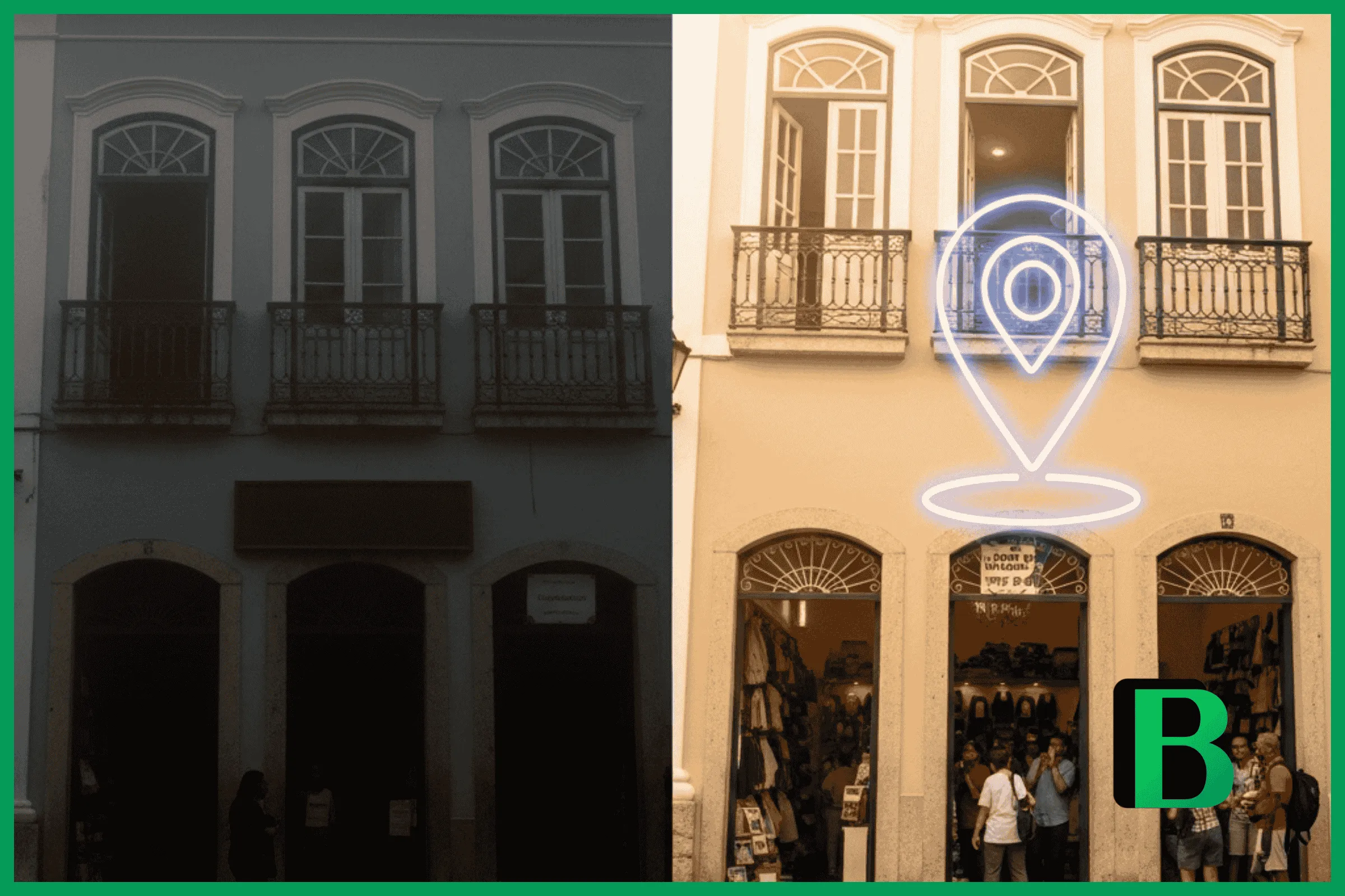 Lado esquerdo: Uma fachada de loja colonial bonita, mas completamente às escuras, sem letreiro, coberta por neblina pesada e sem ninguém na rua (simbolizando a empresa invisível no Google). Lado direito: Uma loja colonial idêntica, mas brilhantemente iluminada pelo sol de Salvador, com um letreiro digital neon flutuante em formato de "Pin de Localização do Google", e uma multidão de clientes felizes entrando.