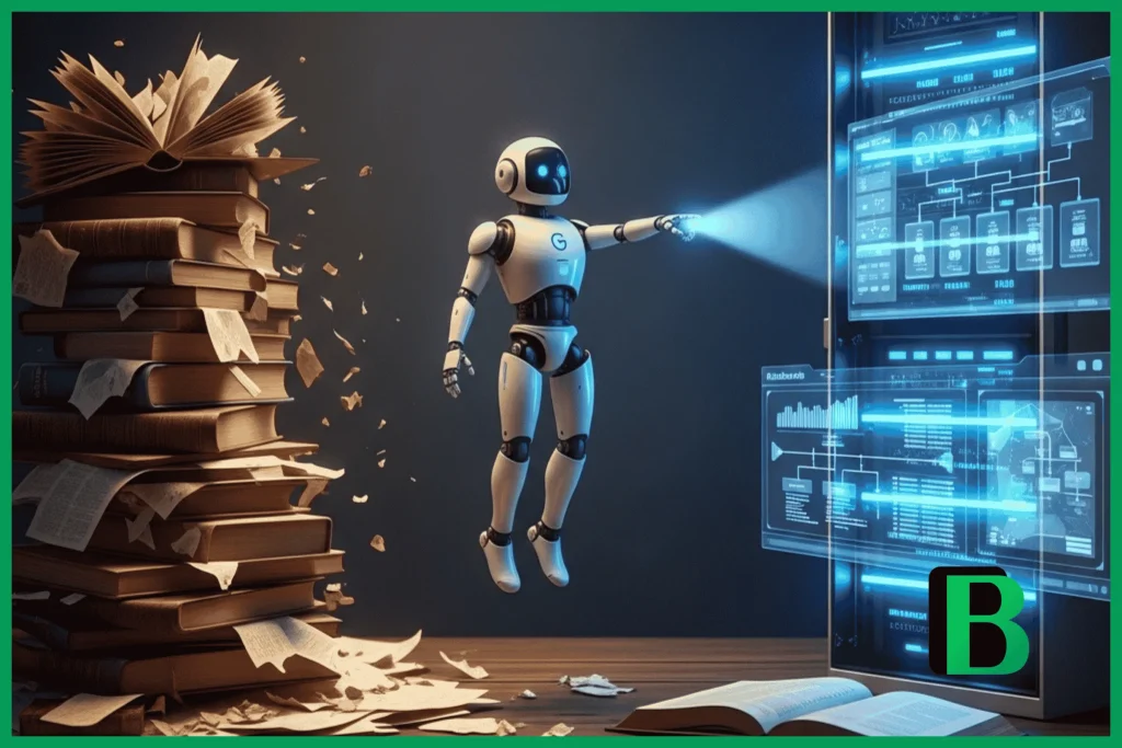 pilha caótica e desmoronando de livros antigos e papéis bagunçados sobre uma mesa de madeira escura. Do lado direito, um servidor de dados moderno, limpo e futurista com luzes LED azuis brilhantes e uma interface holográfica exibindo dados organizados e hierárquicos. No centro, um robô futurista flutuante (representando o algoritmo do Google) paira, ignorando a pilha bagunçada e apontando decisivamente com um feixe de luz para o servidor organizado.