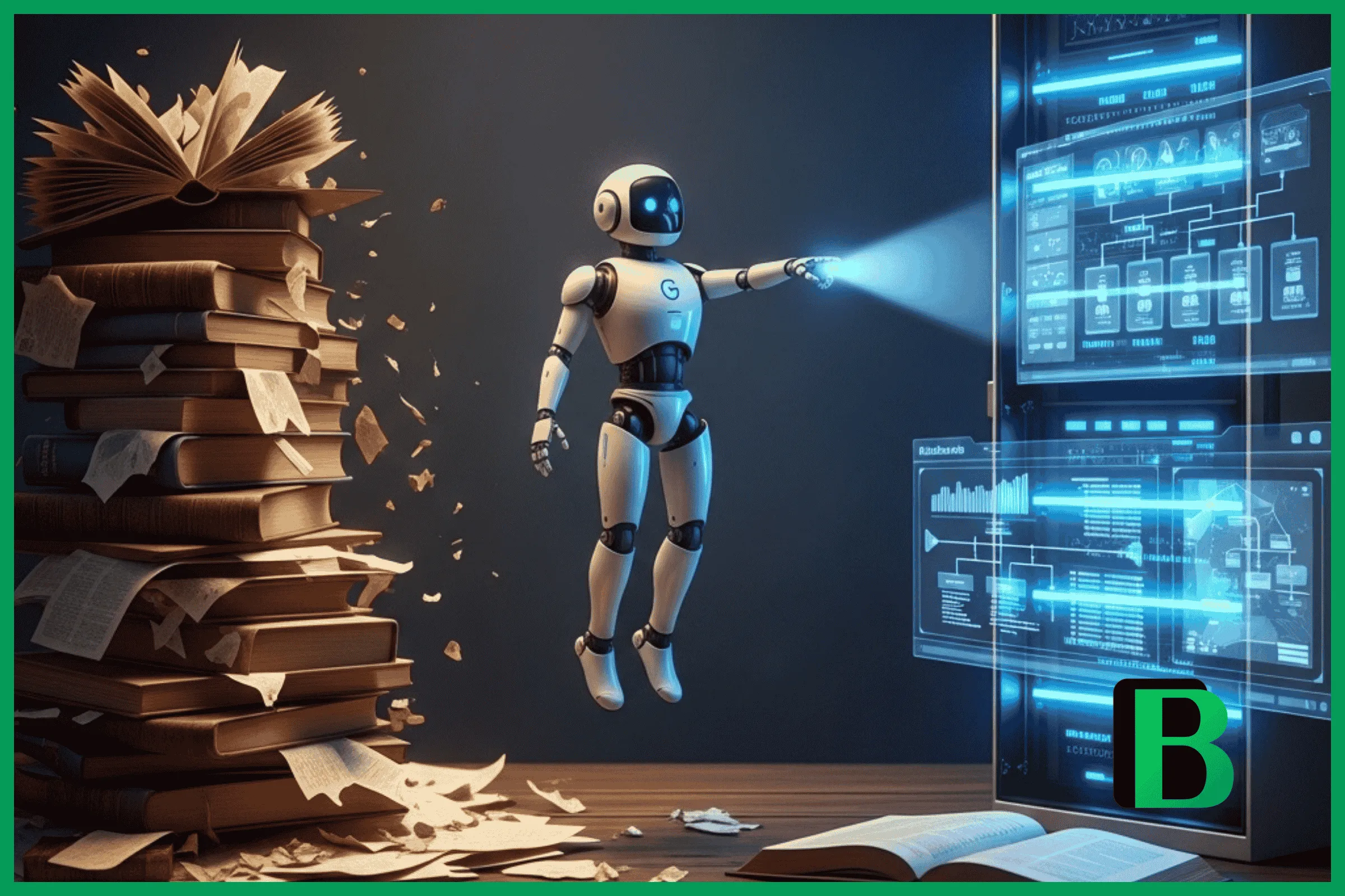 pilha caótica e desmoronando de livros antigos e papéis bagunçados sobre uma mesa de madeira escura. Do lado direito, um servidor de dados moderno, limpo e futurista com luzes LED azuis brilhantes e uma interface holográfica exibindo dados organizados e hierárquicos. No centro, um robô futurista flutuante (representando o algoritmo do Google) paira, ignorando a pilha bagunçada e apontando decisivamente com um feixe de luz para o servidor organizado.