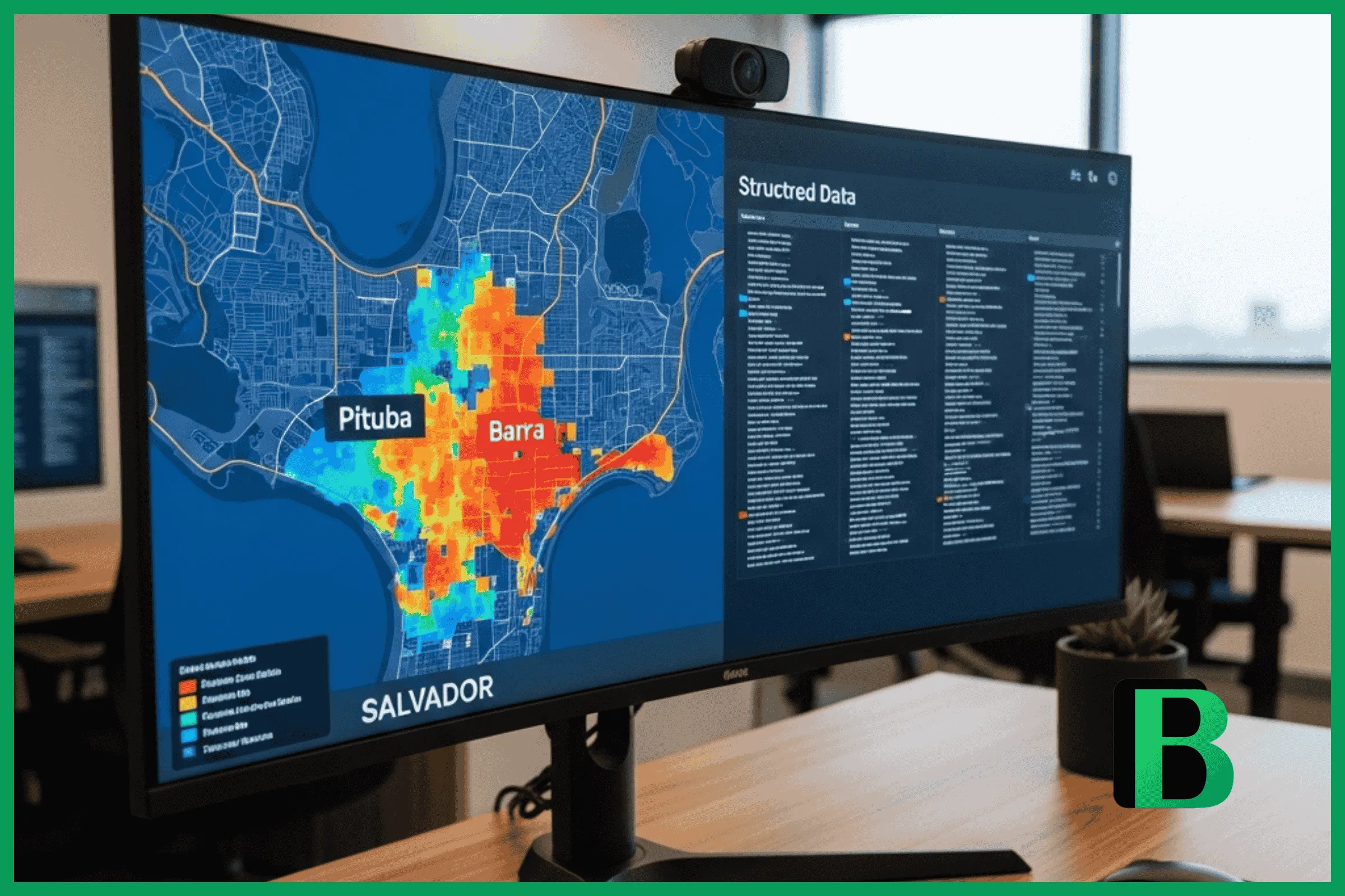 Por que algumas empresas da Pituba aparecem e outras não Um monitor curvo e grande exibe um painel de análise de dados (dashboard escuro). Na tela, há um mapa de calor estilizado da cidade de Salvador, com os bairros da Pituba e Barra destacados em cores vibrantes (laranja e vermelho) simbolizando alta densidade de tráfego orgânico. Ao lado do mapa na tela, blocos visuais de "Dados Estruturados" perfeitamente organizados.