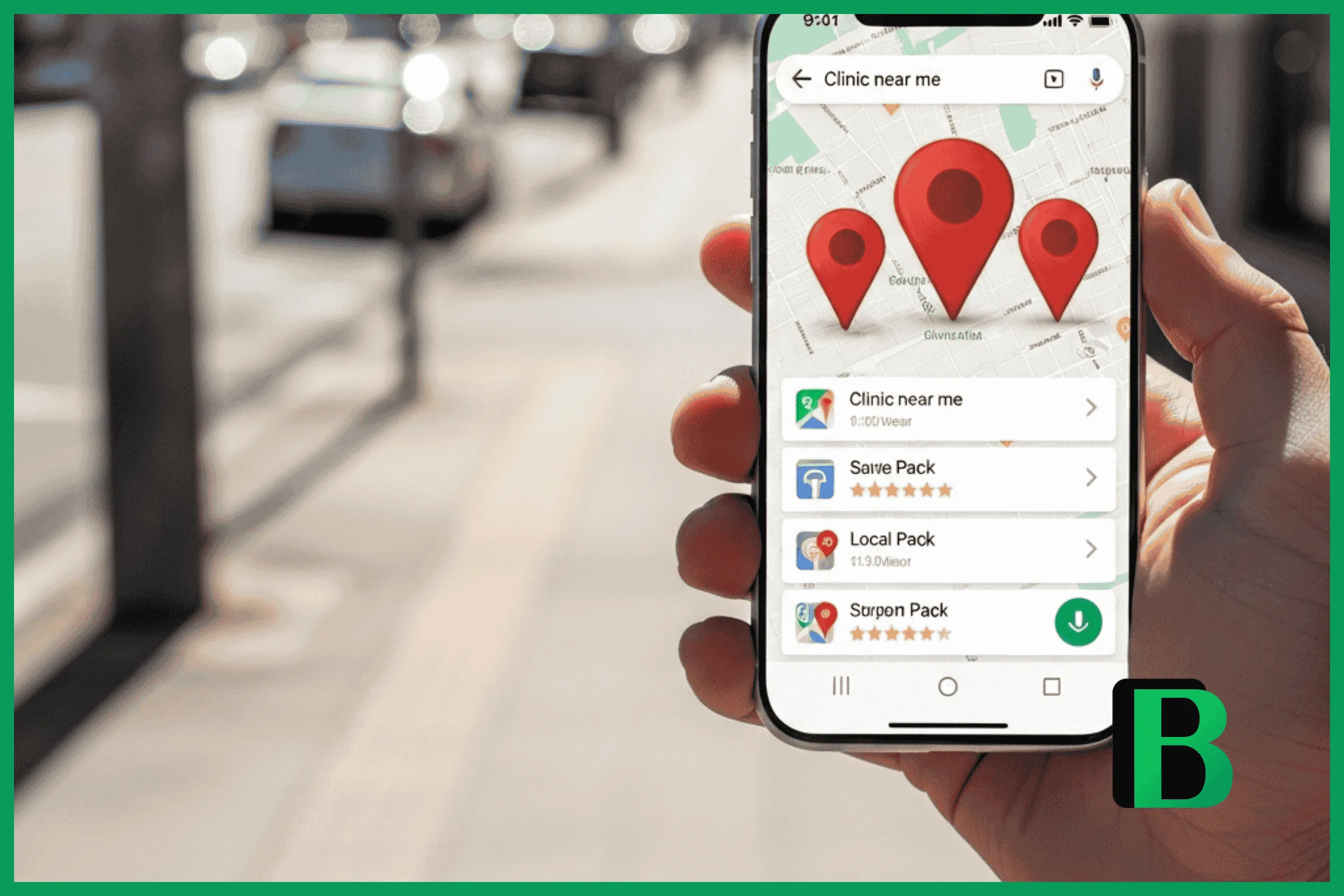 SEO Local em Salvador Como Dominar Buscas na Sua Cidade pessoa está segurando um smartphone moderno em uma calçada ensolarada no bairro do Rio Vermelho, Salvador. A tela do celular mostra claramente o aplicativo do Google Maps com uma busca por "Clínica perto de mim". No mapa da tela, três "Pins vermelhos de localização" gigantes e brilhantes saltam em 3D, destacando os três primeiros resultados locais (o Local Pack) com estrelas douradas de avaliação