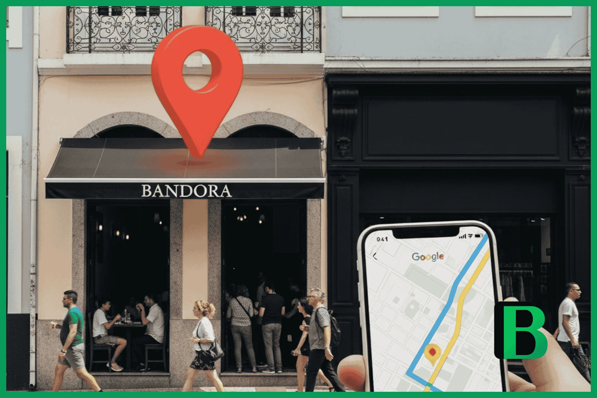 pessoa segura um smartphone moderno mostrando o Google Maps. Na tela do celular, um "Pin" de localização vermelho, brilhante e em 3D flutua exatamente sobre um estabelecimento charmoso ao fundo, que está cheio de clientes. Ao lado desse estabelecimento, uma loja escurecida e sem letreiro passa completamente despercebida pelos pedestres.
